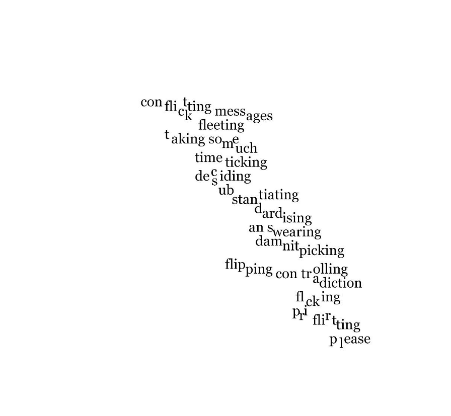 deconstructed poem with playful line breaks: conflicting messages fleeting talking so much time ticking deciding substantiating standardising answering damn nitpicking flipping controlling contradiction flicking flirting please